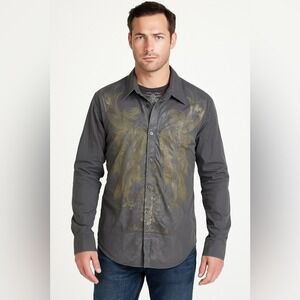 Roar Men's Embroidered Eagle ButtonupShirt Gray‎ Never Back DownGraphic Western